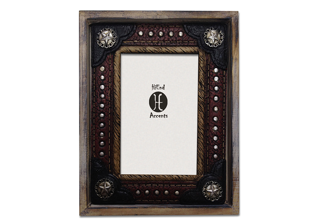 Distressed Wood Star Picture Frame w/Tooled Leather & Silver,Hi End Accents