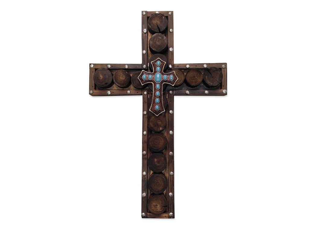 Wood Cross w/Woodplank Circles & Turquoise Center Cross,Hi End Accents