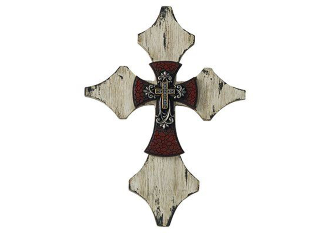Cream Wood Cross w/Red Accent Cross,Hi End Accents