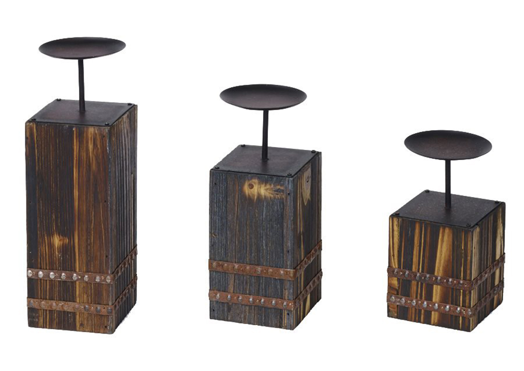 3 Pc Wood & Metal Candleholder Set,Hi End Accents