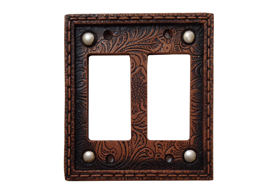 Tooled Leather Floral Design Double Rocker Plate Cover,Hi End Accents