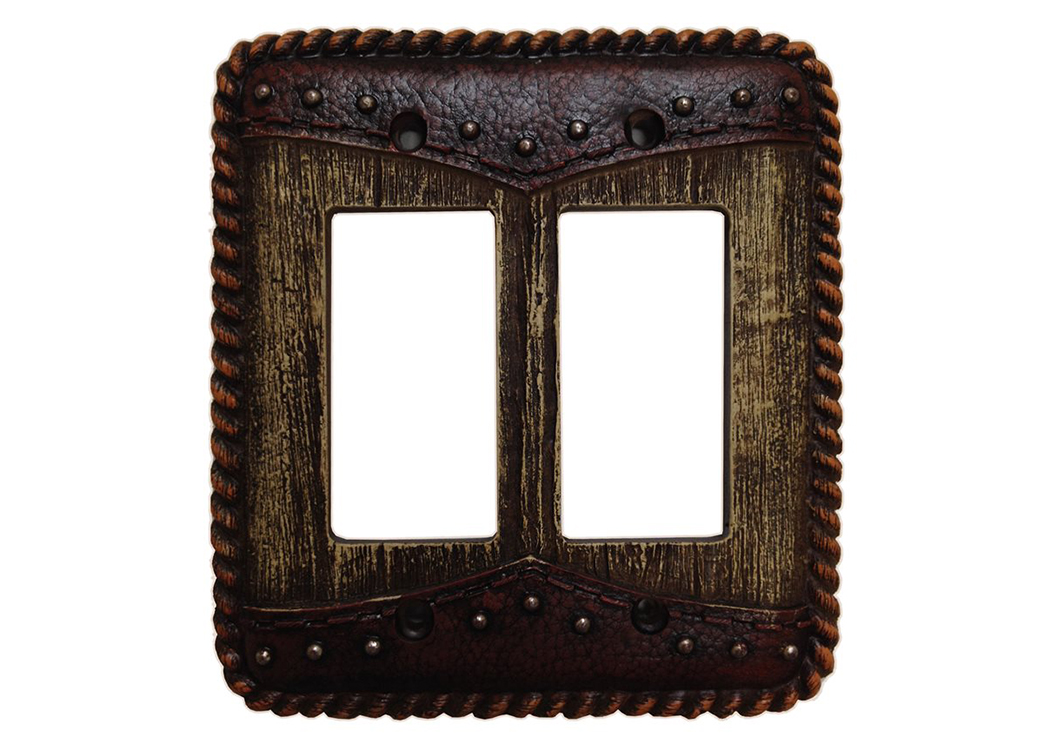 Yoke Tooled Leather & Wood Double Rocker Cover Plate,Hi End Accents