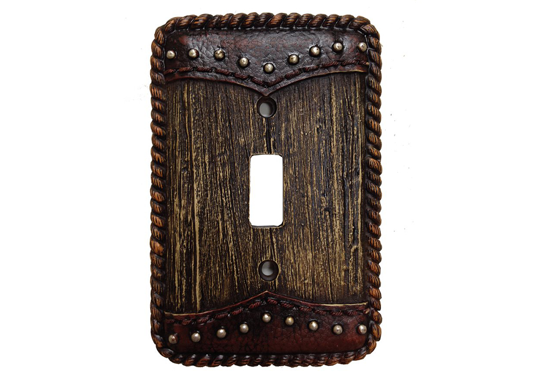 Yoke Tooled Leather & Wood Single Switch Plate Cover,Hi End Accents