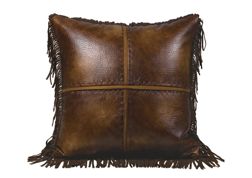 Austin Cross Stitch Faux Leather Pillow w/Fringe,Hi End Accents