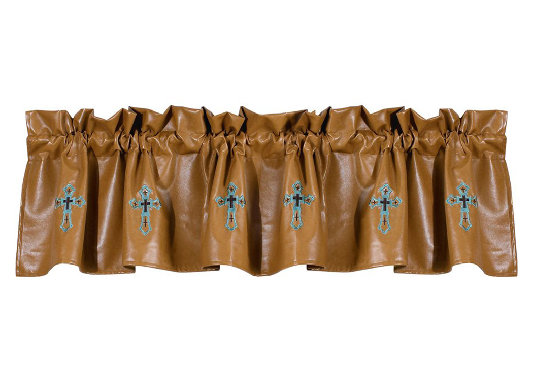 Las Cruses Faux Tan Leather Valance w/Turquoise Crosses,Hi End Accents