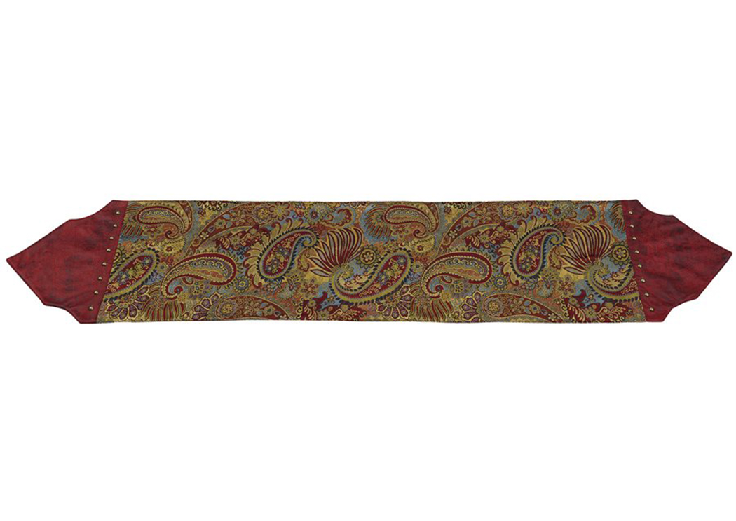 San Angelo Red Paisley Table Runner w/Faux Leather & Brass Studs,Hi End Accents