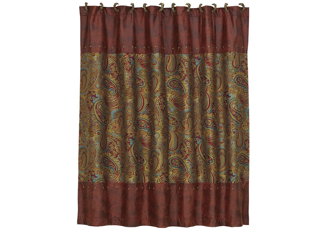 San Angelo Red Paisley Shower Curtain w/Faux Leather & Brass Studs,Hi End Accents