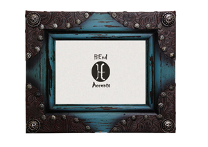 Image for 5' x 7' Turquoise Painted Distressed Wood Picture Frame w/Tooled Leather & Silver Conchos