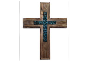 Image for Distressed Wood Cross w/Turquoise Rock Insert