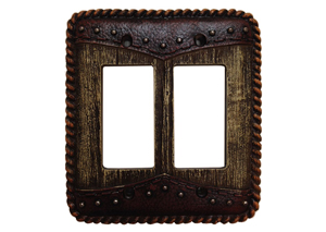 Image for Yoke Tooled Leather & Wood Double Rocker Cover Plate
