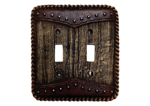 Image for Yoke Tooled Leather & Wood Double Switch Plate Cover