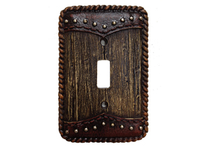 Image for Yoke Tooled Leather & Wood Single Switch Plate Cover