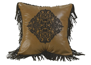 Image for Las Cruses Embroidered Tan Faux Leather Toss Pillow w/Studs & Fringe