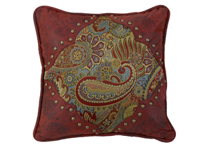 Image for San Angelo Red Paisley Pillow w/Faux Red Leather & Brass Studs