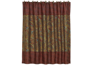 Image for San Angelo Red Paisley Shower Curtain w/Faux Leather & Brass Studs