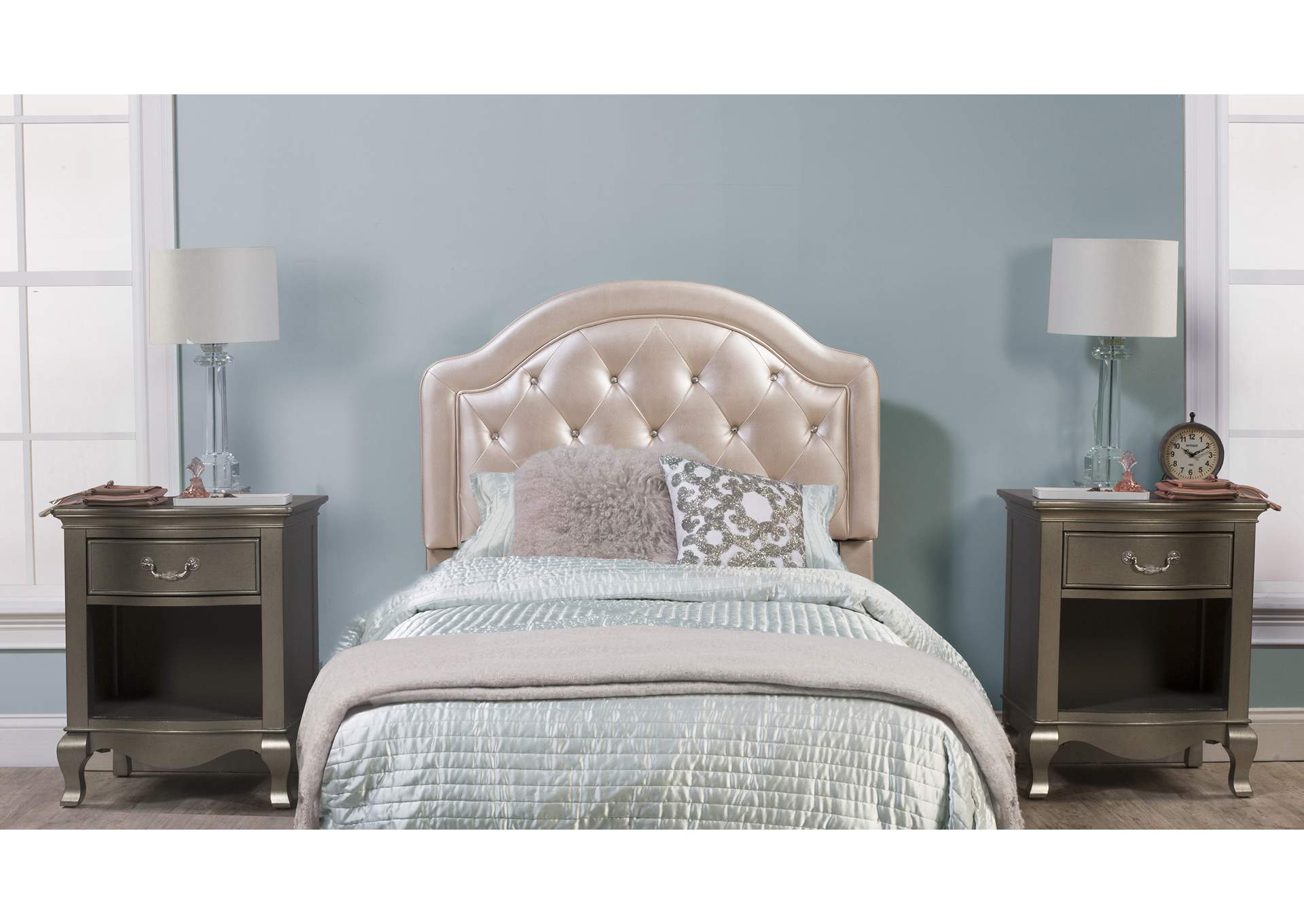 Karley Champagne Faux Leather Full Headboard with Frame,Hillsdale