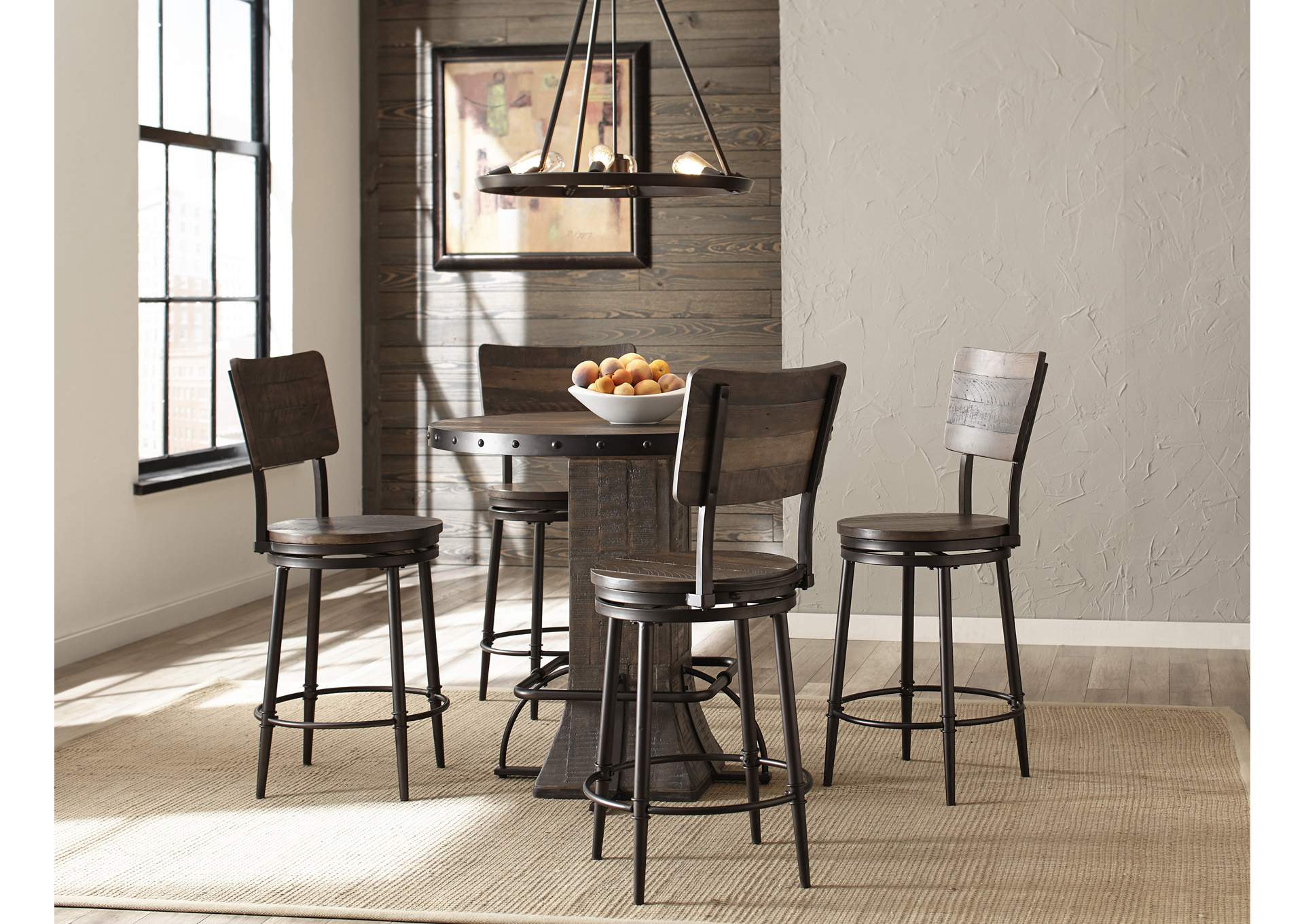 Jennings Distressed Walnut 5-Piece Round Counter Height Dining Set w/Swivel Counter Stools,Hillsdale