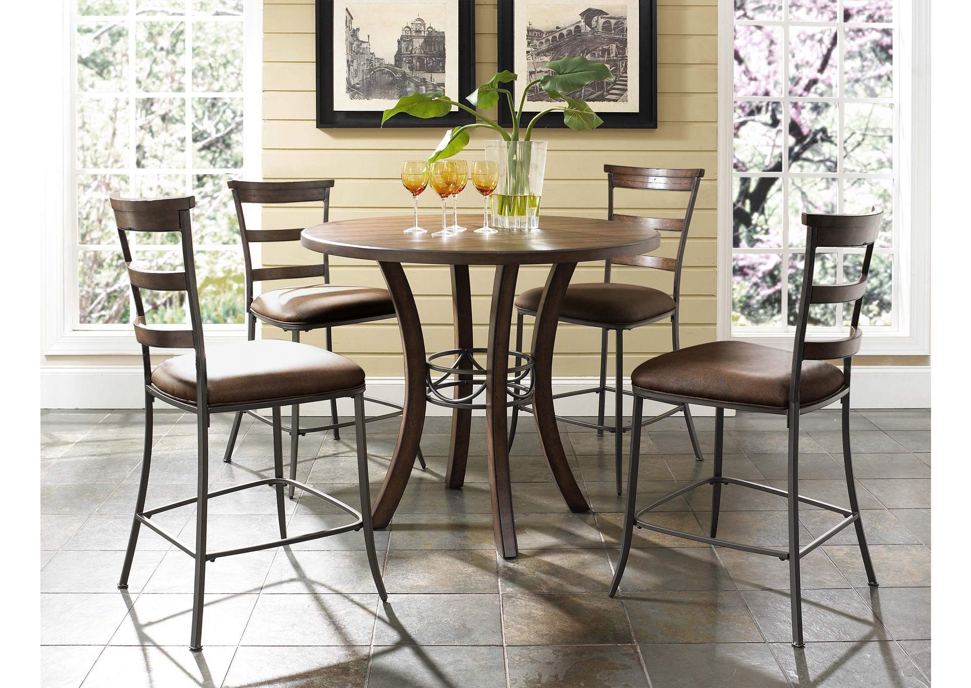 Cameron Chestnut 5-Piece Counter Height Round Wood Dining Set w/Ladder Back Stool,Hillsdale