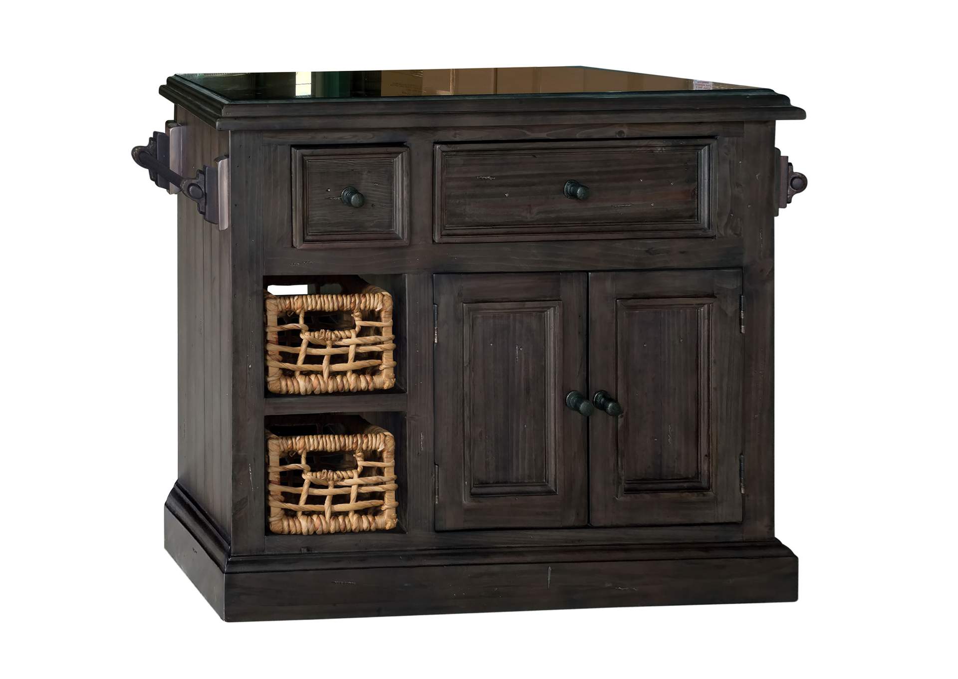 Tuscan Retreat Medium Granite Top Kitchen Island w/2 Baskets - Weathered Gray Finish,Hillsdale