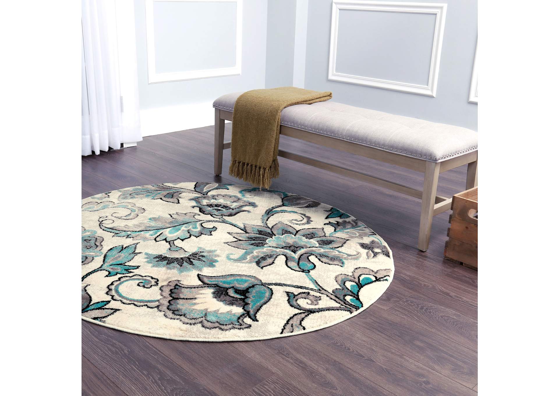 Boho Odesa Area Rug Ivory/Aqua, 7'10" Round,Home Dynamix
