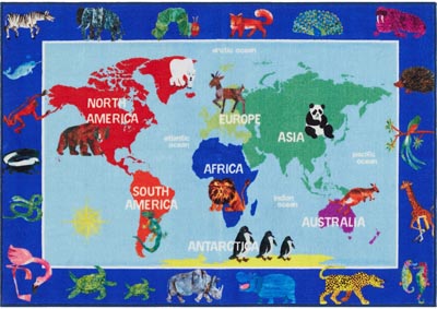 Image for Home Dynamix Eric Carle Elementary World Map Kids Kids Area Rug 6'6"x9'5" Educational Blue/Red/Green