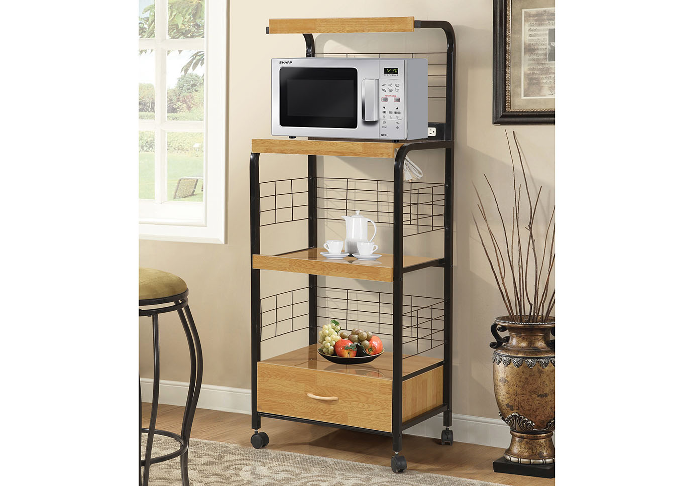 Black Metal Microwave Cart w/3 Outlets,Home Source
