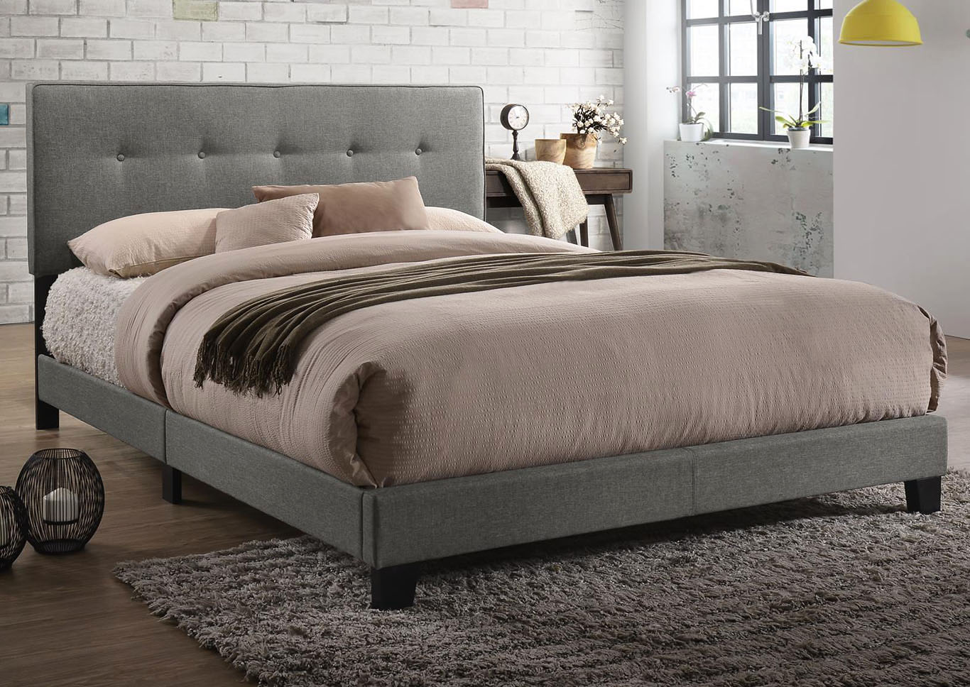 Shanice Dark Grey Upholstered Platform Queen Bed,Home Source