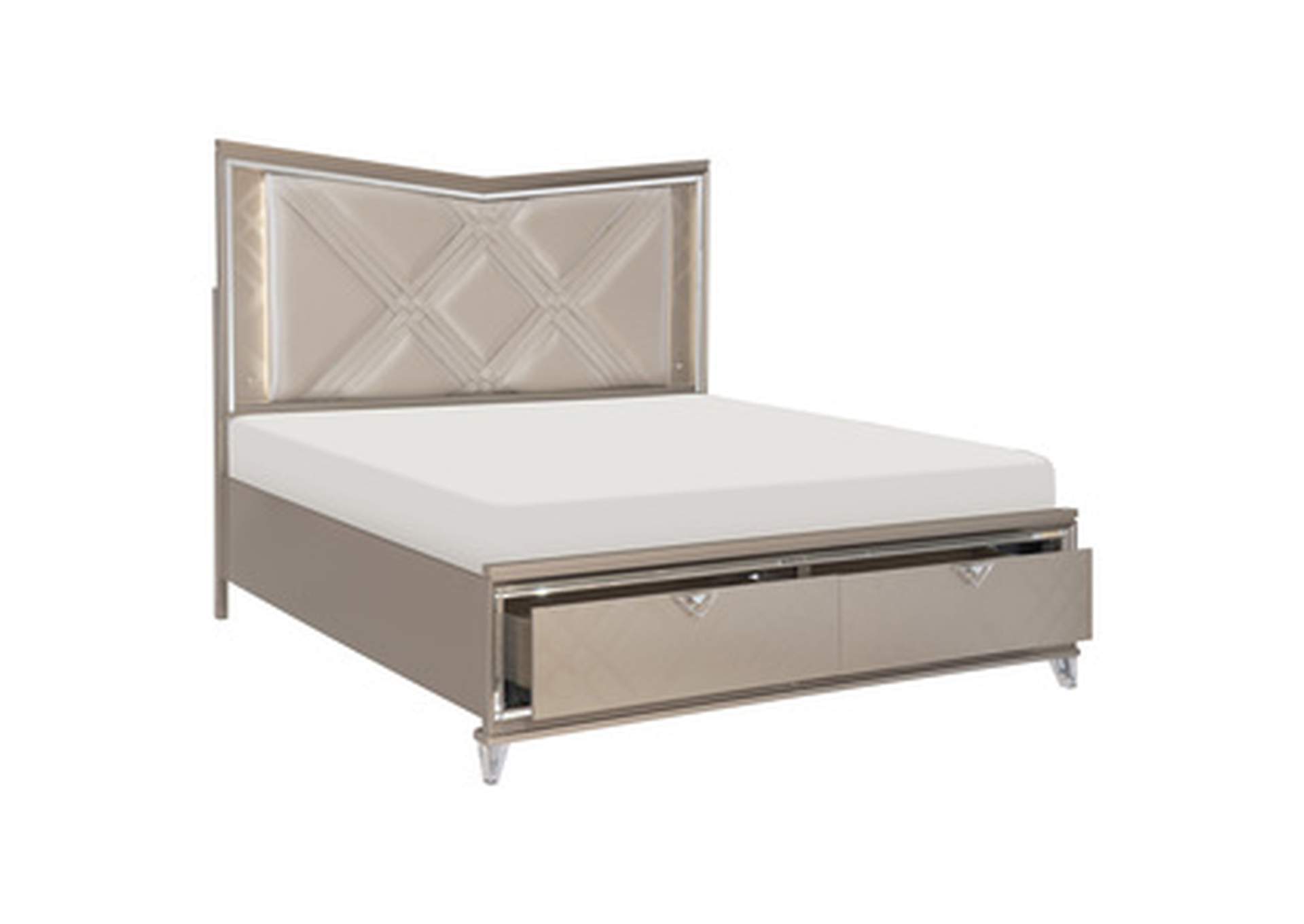 K Bed W/ Fb Strge & Led, Champagne Pu Panel,Homelegance