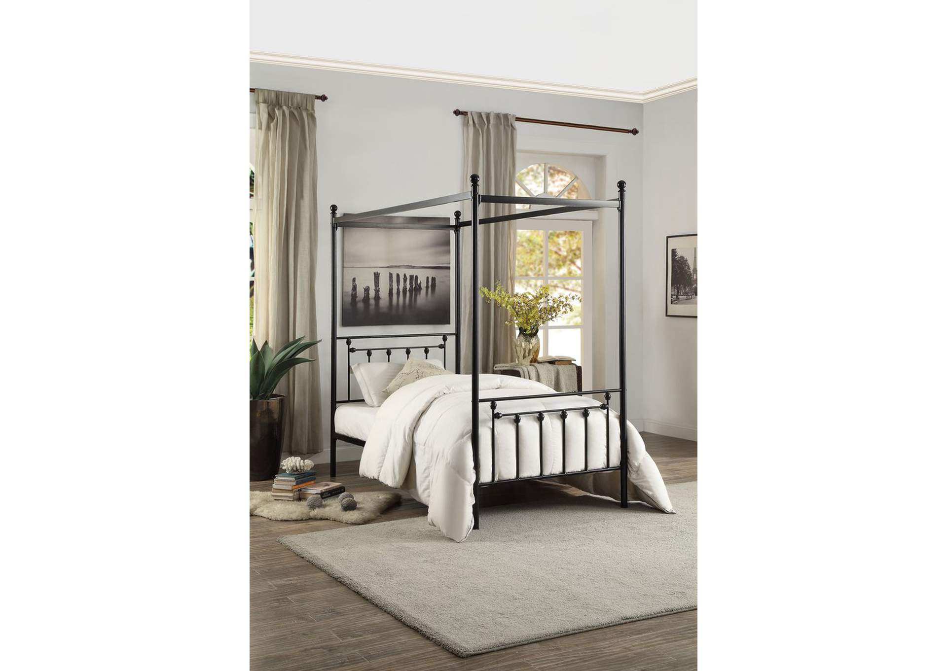Twin Size Canopy Metal Bed, Round Post,,Homelegance