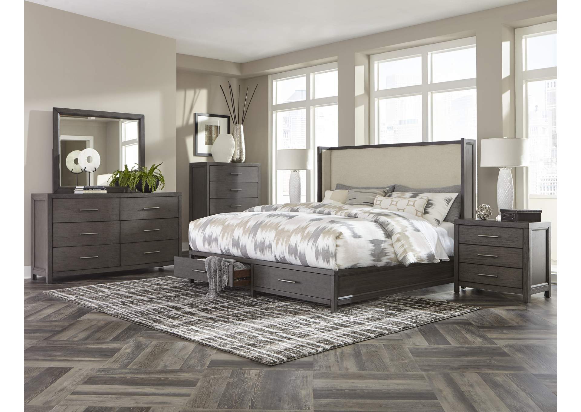 Beige Eastern King Platform Bed with Footboard Storage,Homelegance