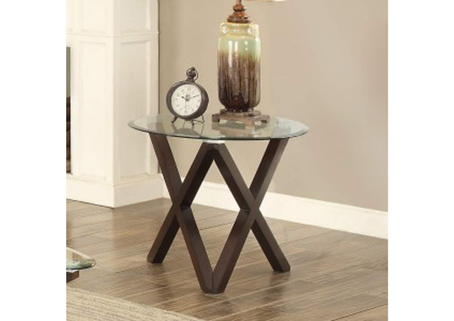 Halston End Table, Espress Fin, Glass Top,Homelegance