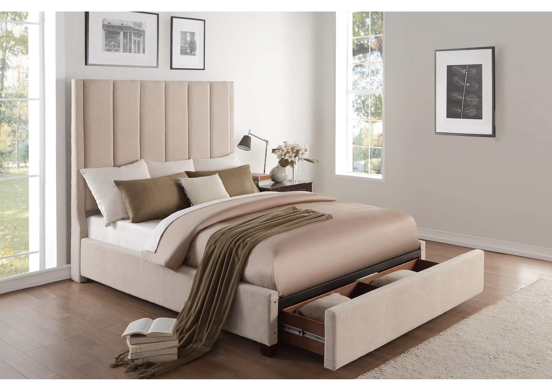 Neunan Beige Queen Platform Bed With Storage Footboard,Homelegance