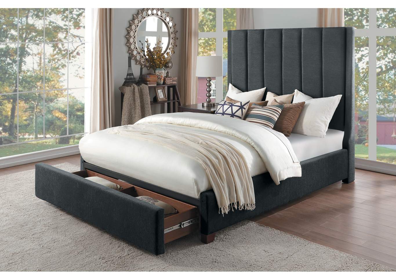 Gray Eastern King Platform Bed with Storage Footboard,Homelegance