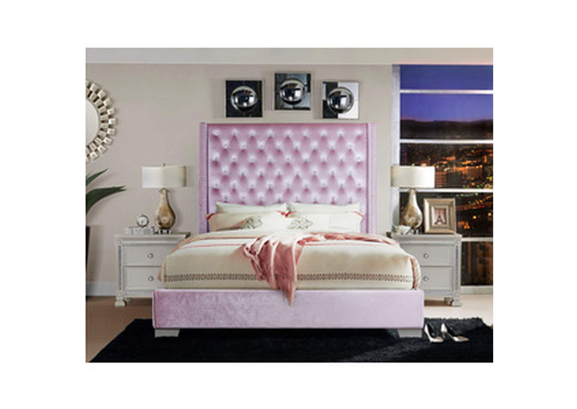 Pink Uphl Velvet King Bed, Pink,Homelegance
