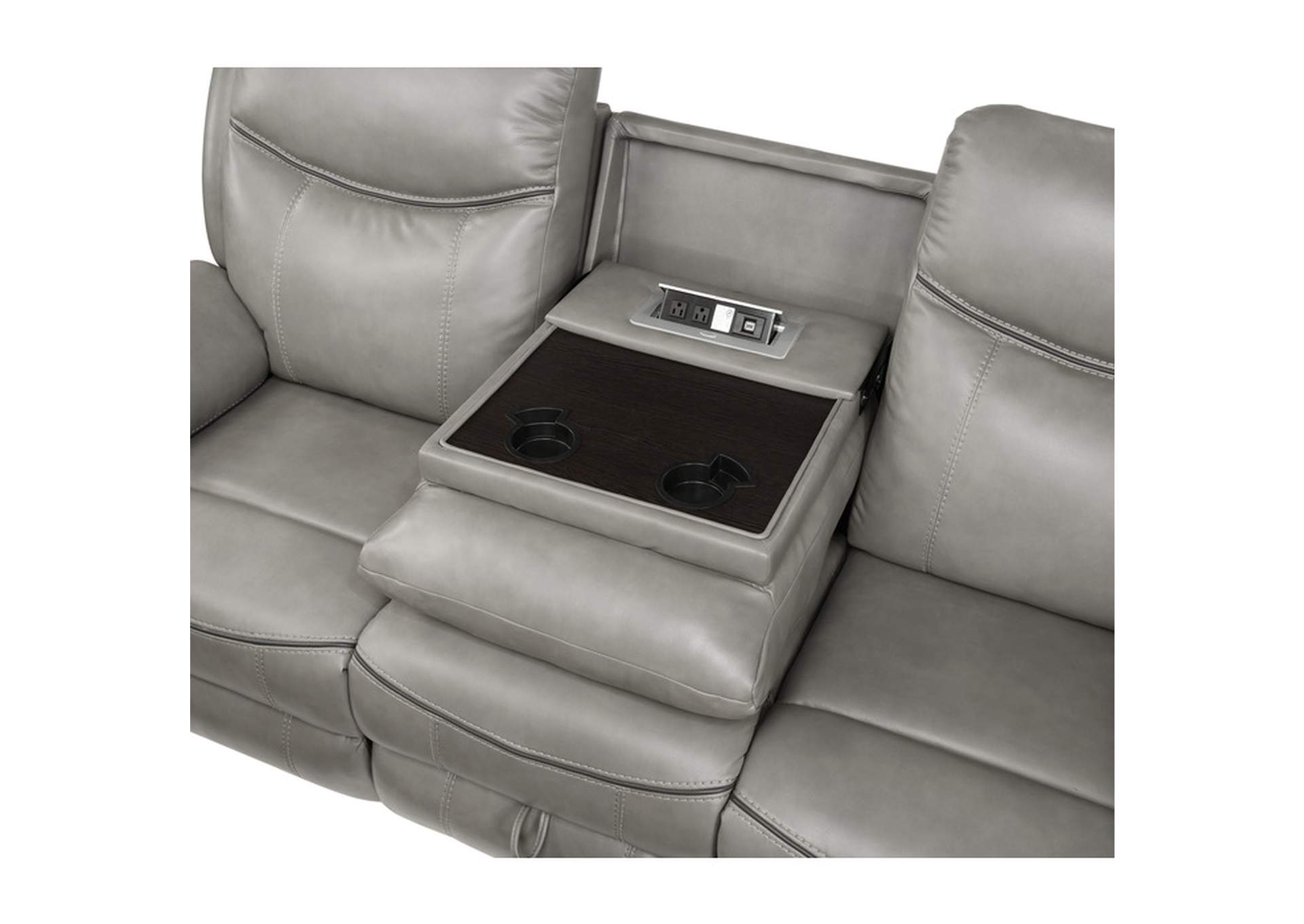 Aram Double Reclining Sofa with Center Drop-Down Cup Holders, Receptacles, Hidden Drawer and USB Ports,Homelegance