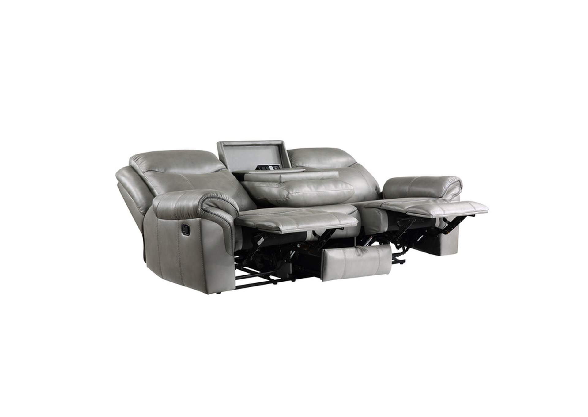 Aram Double Reclining Sofa with Center Drop-Down Cup Holders, Receptacles, Hidden Drawer and USB Ports,Homelegance
