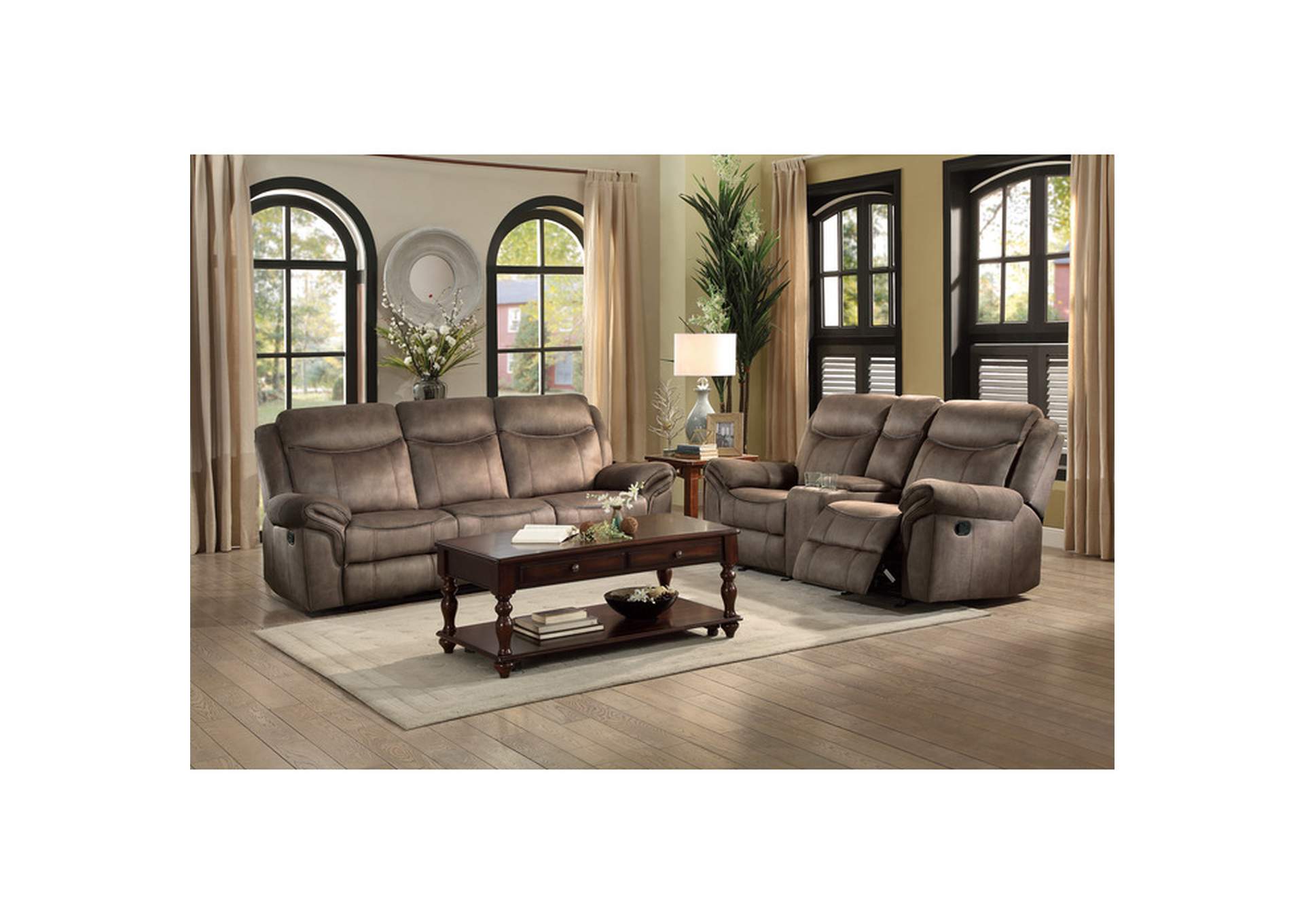 Aram Double Reclining Sofa with Center Drop-Down Cup Holders, Receptacles, Hidden Drawer and USB Ports,Homelegance