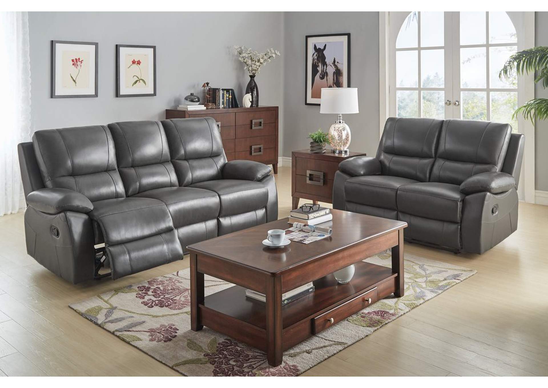 Dual Reclining Lvseat,Gray Top Grain Leather Match,Homelegance