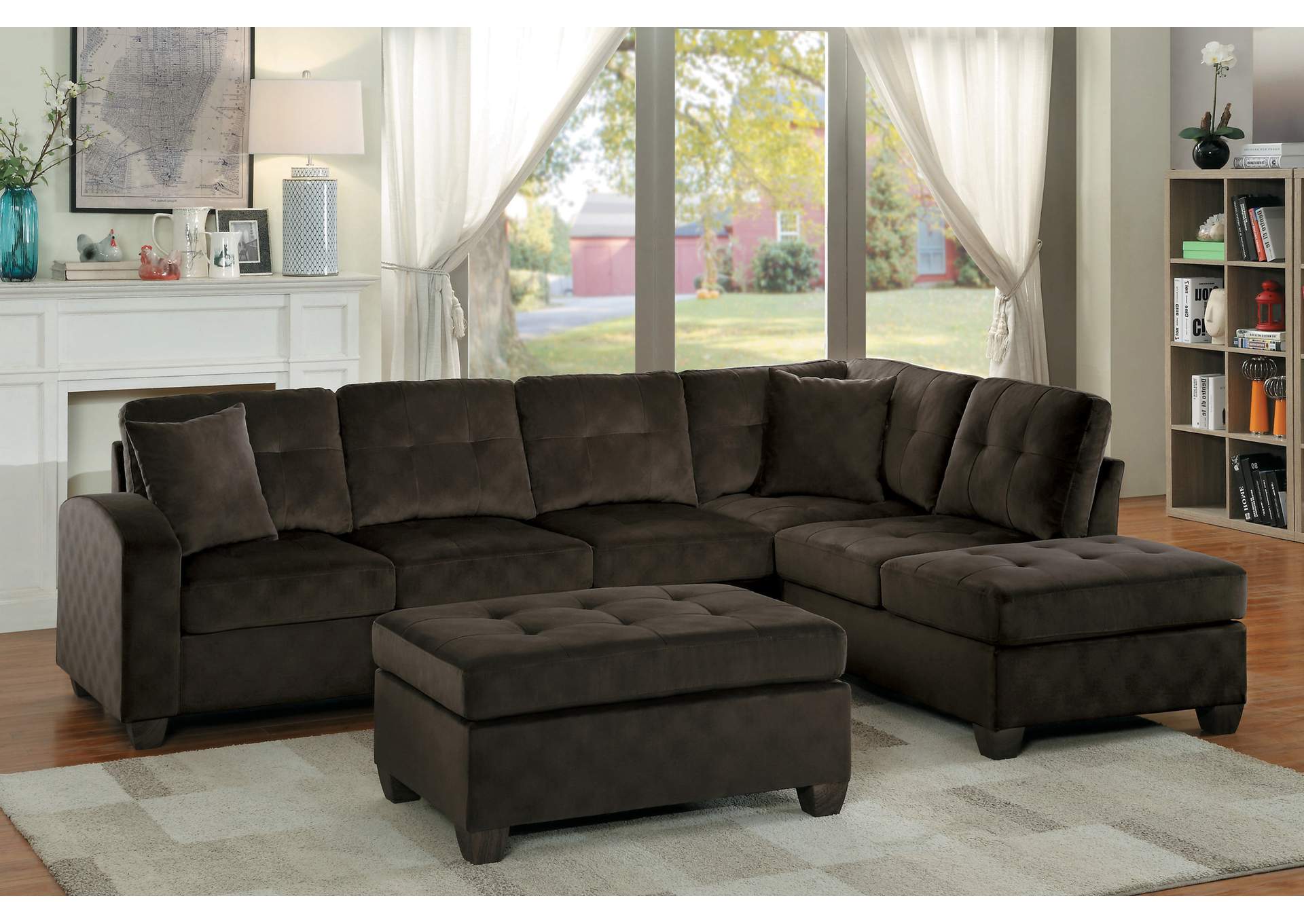 Chocolate 3-Piece Reversible Sectional with Ottoman,Homelegance