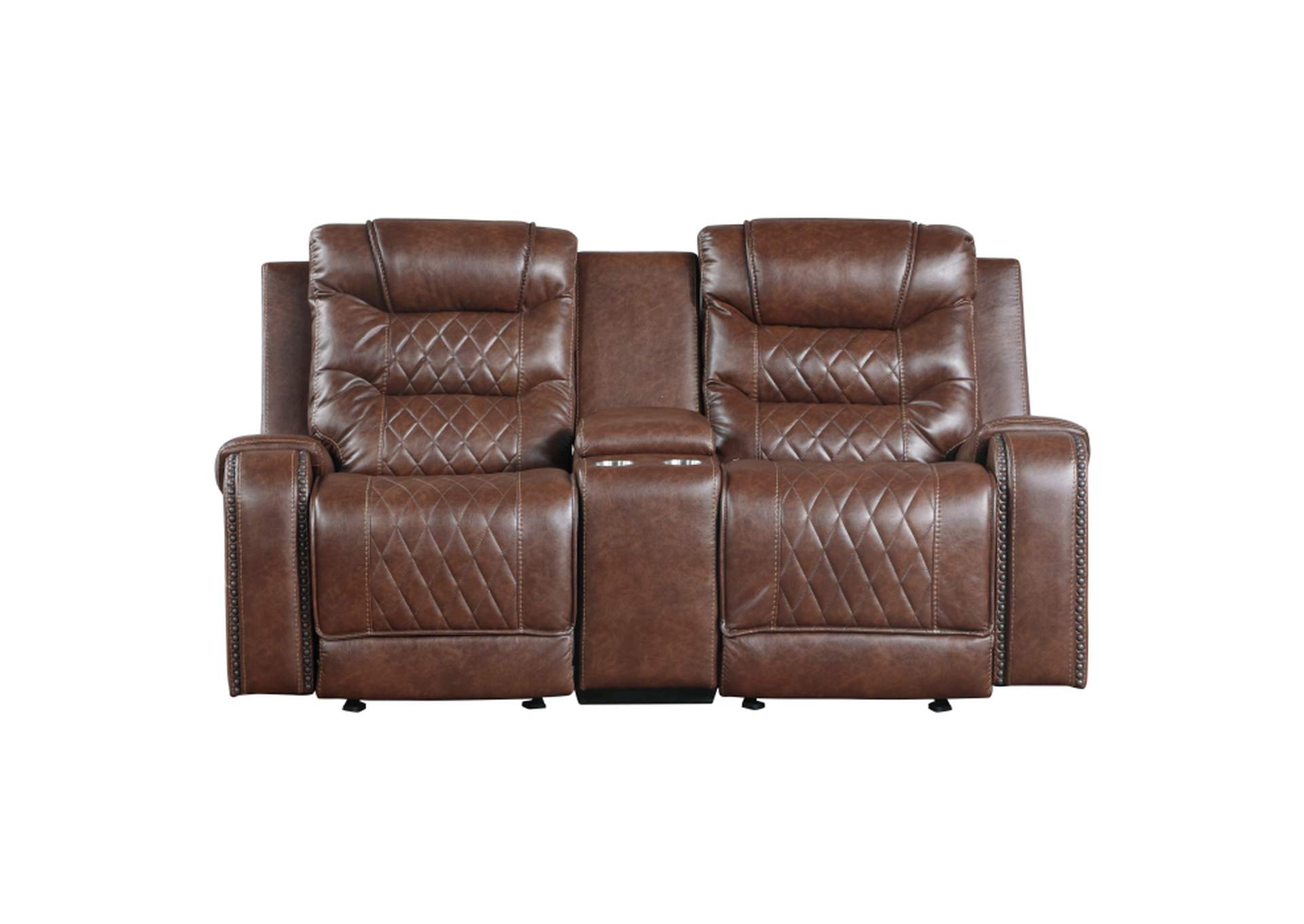 Putnam Double Glider Reclining Love Seat with Center Console, Receptacles and USB Port,Homelegance
