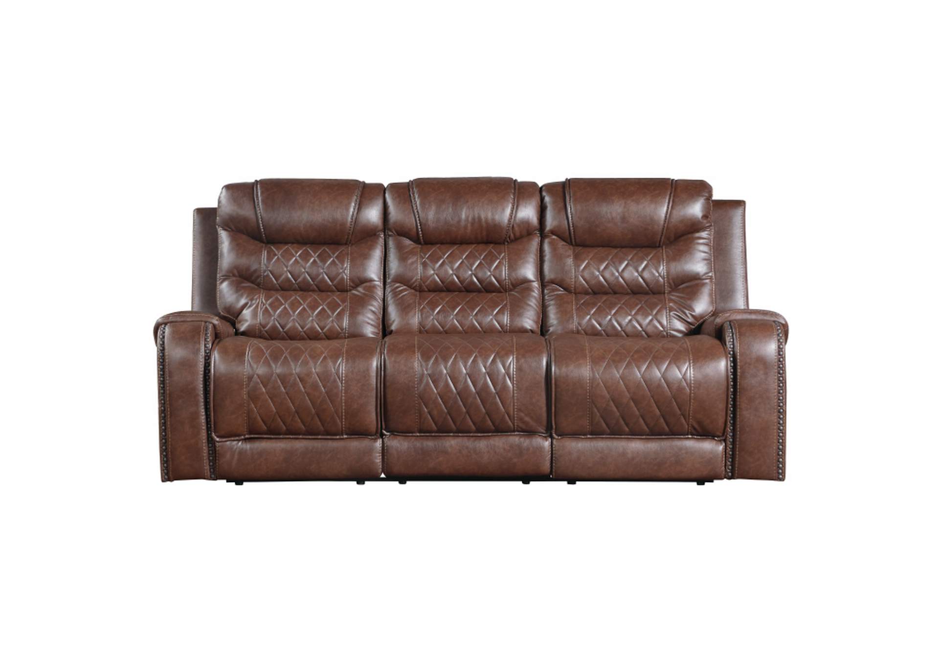 Putnam Double Reclining Sofa with Center Drop-Down Cup Holders, Receptacles and USB Ports,Homelegance