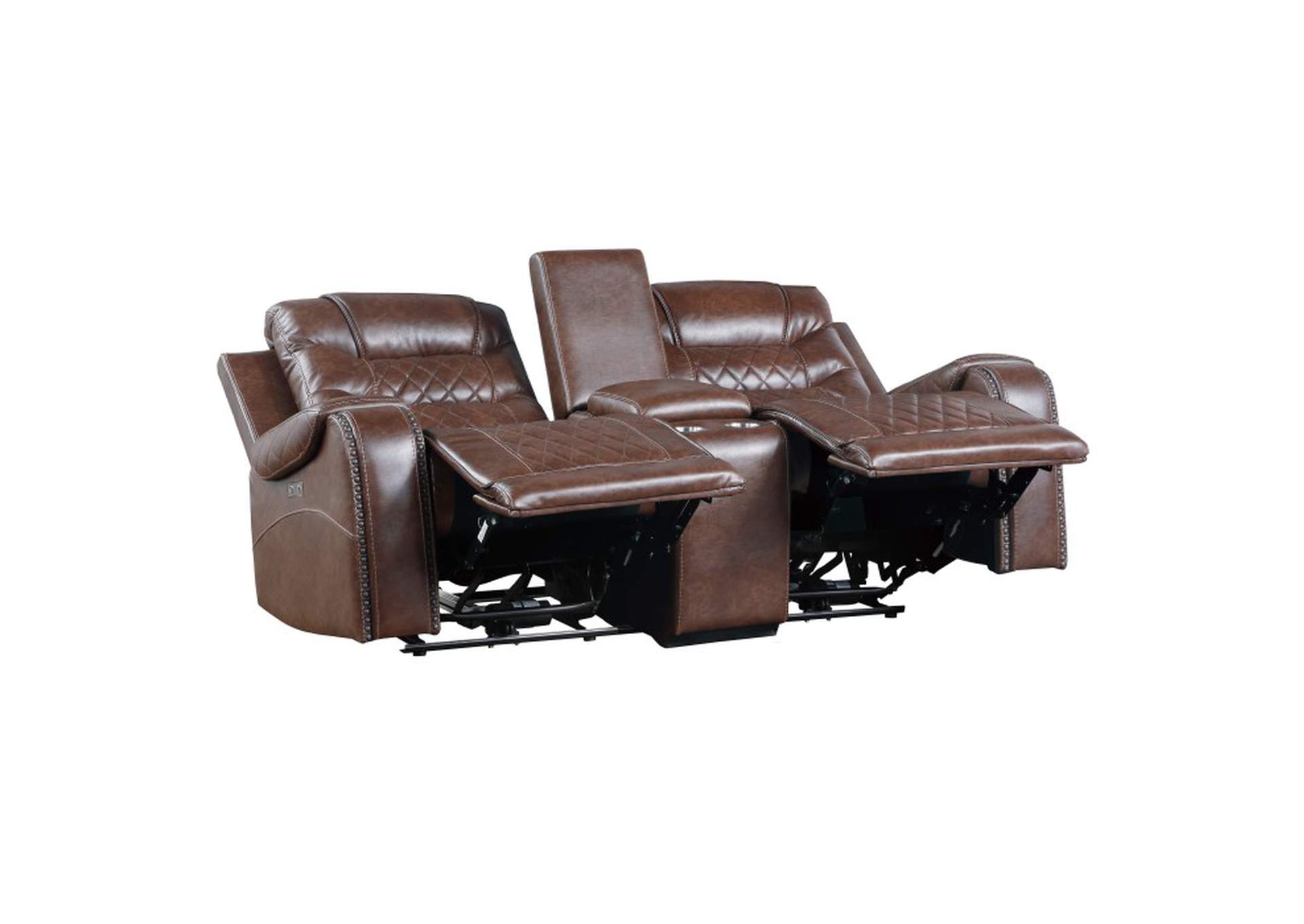 Putnam Power Double Reclining Love Seat with Center Console, Receptacles and USB Ports,Homelegance