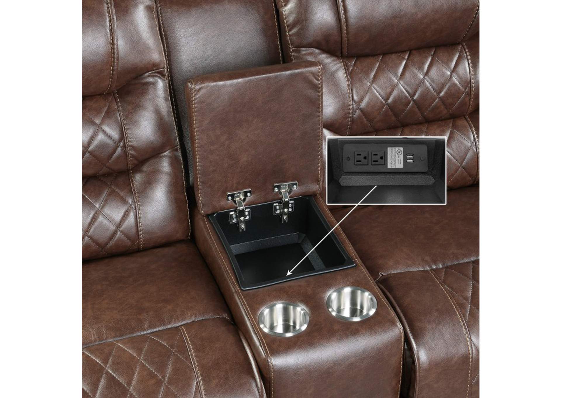 Putnam Double Glider Reclining Love Seat with Center Console, Receptacles and USB Port,Homelegance