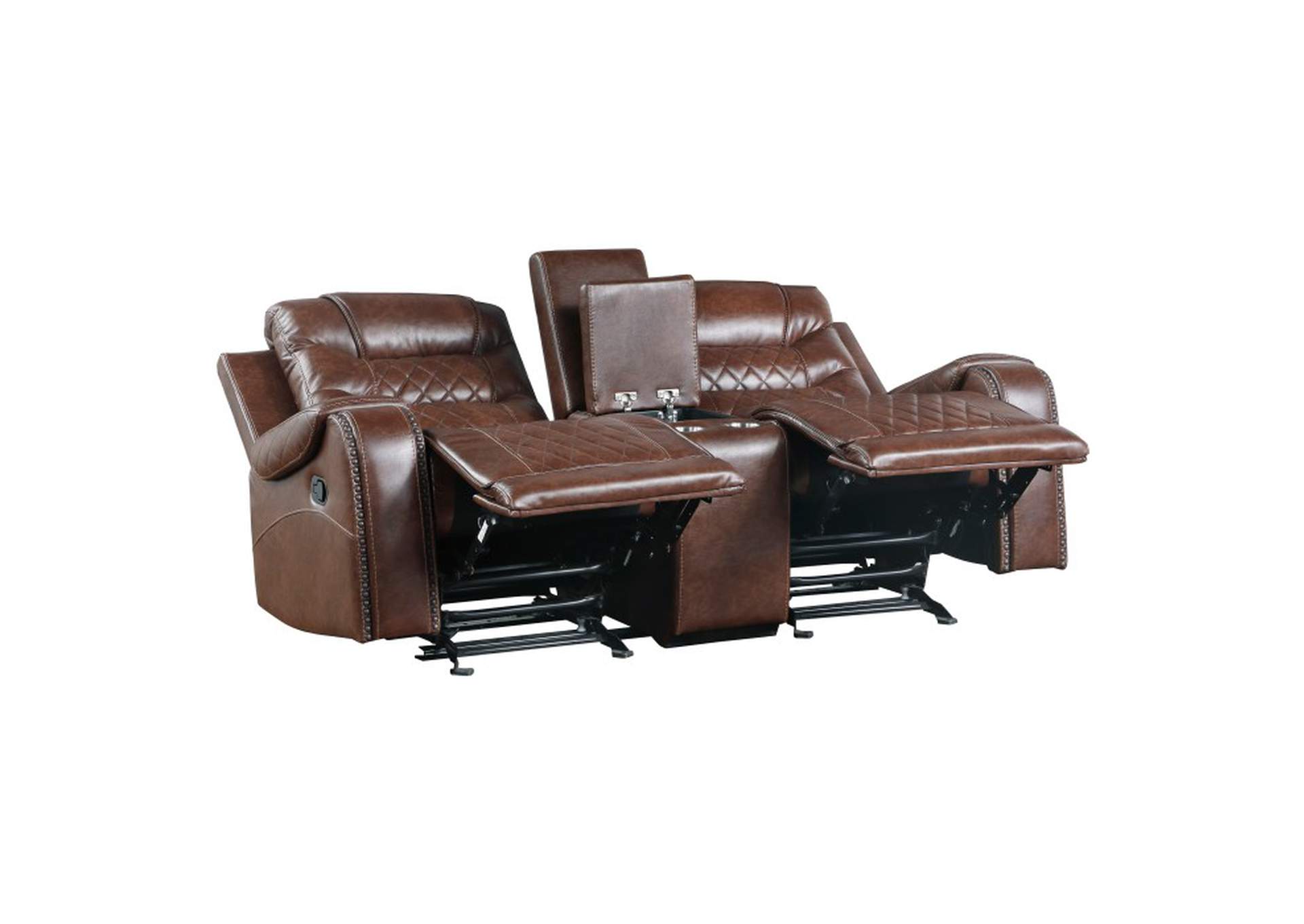 Putnam Double Glider Reclining Love Seat with Center Console, Receptacles and USB Port,Homelegance