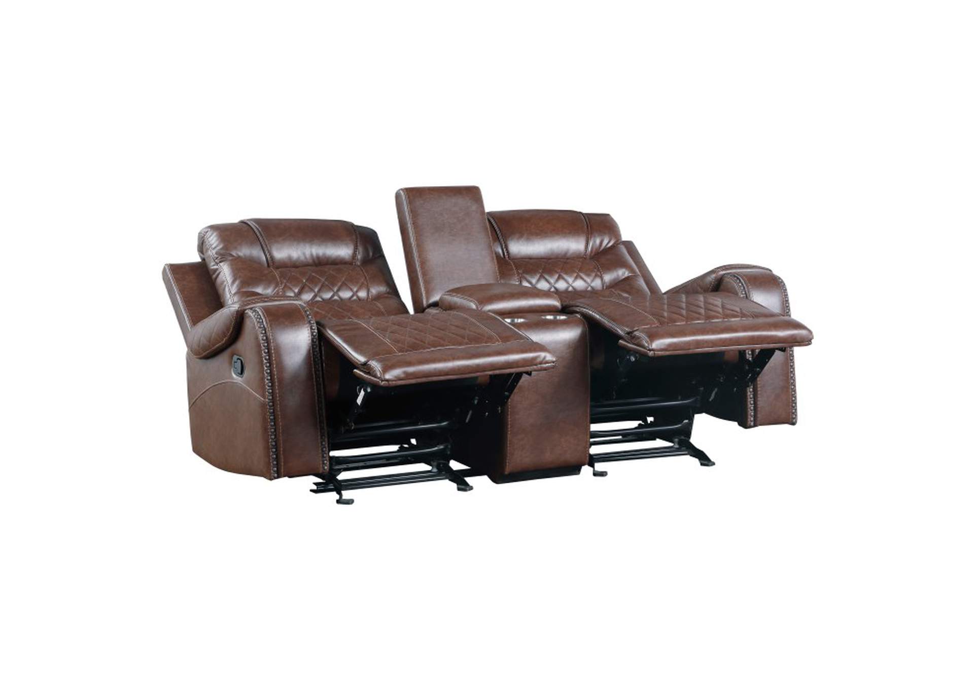 Putnam Double Glider Reclining Love Seat with Center Console, Receptacles and USB Port,Homelegance