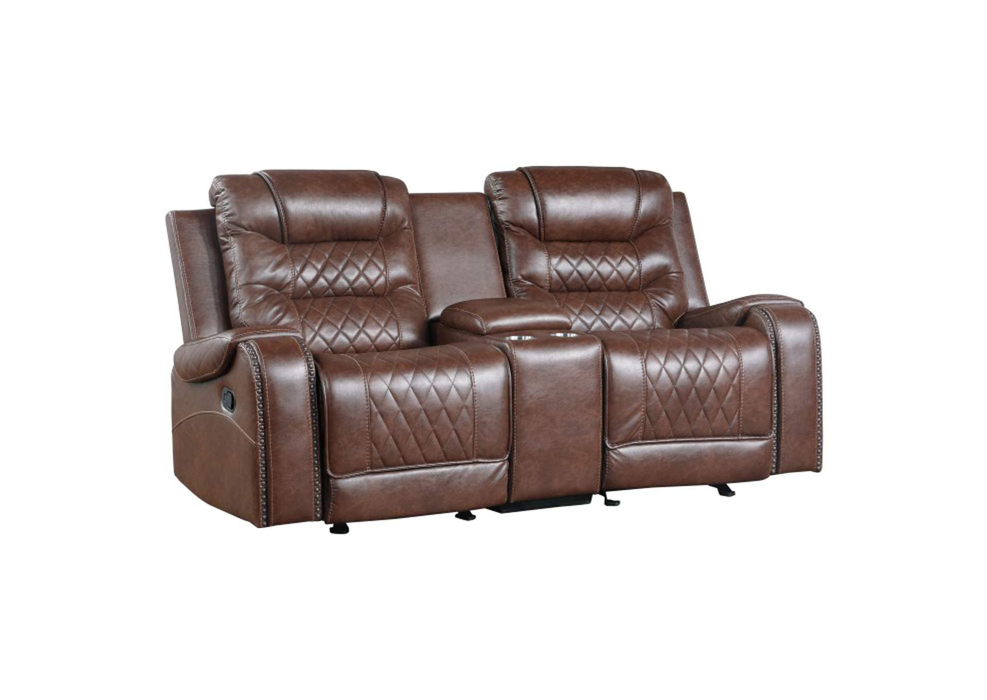 Putnam Double Glider Reclining Love Seat with Center Console, Receptacles and USB Port,Homelegance