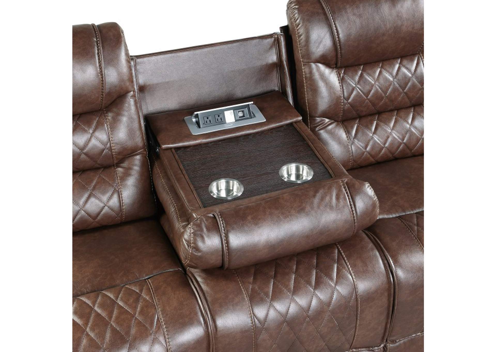 Putnam Double Reclining Sofa with Center Drop-Down Cup Holders, Receptacles and USB Ports,Homelegance