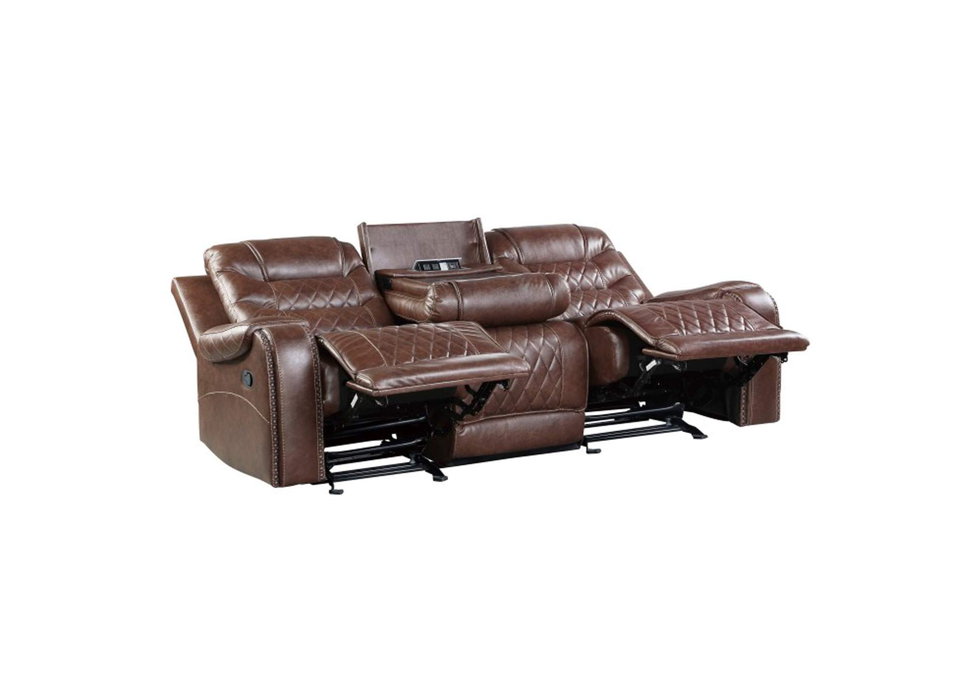 Putnam Double Reclining Sofa with Center Drop-Down Cup Holders, Receptacles and USB Ports,Homelegance