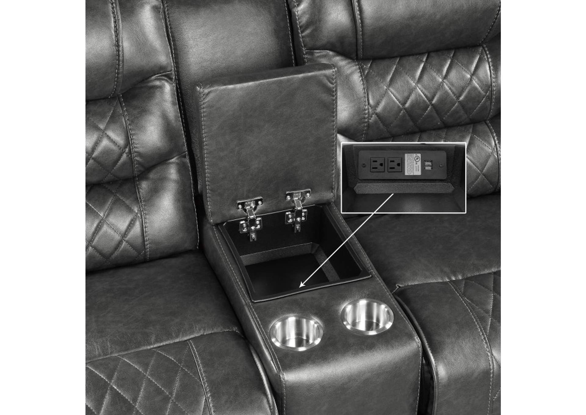 Putnam Double Glider Reclining Love Seat with Center Console, Receptacles and USB Port,Homelegance