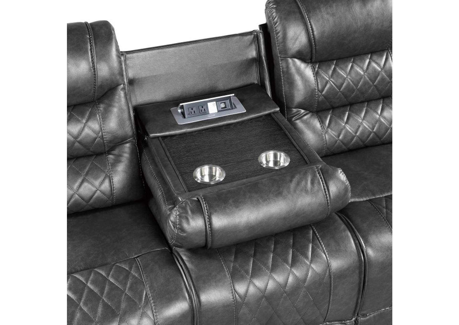 Putnam Double Reclining Sofa with Center Drop-Down Cup Holders, Receptacles and USB Ports,Homelegance